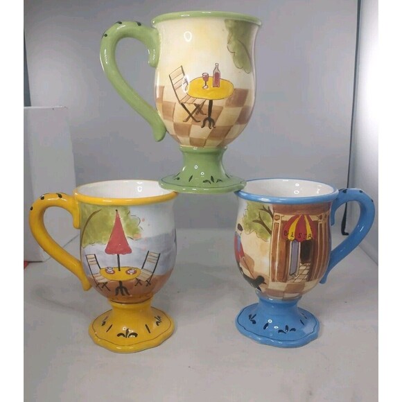 Jennifer Brinley Bistro Coffe Mug Cup Certified International Pedestal Set Of 3 - Picture 1 of 16